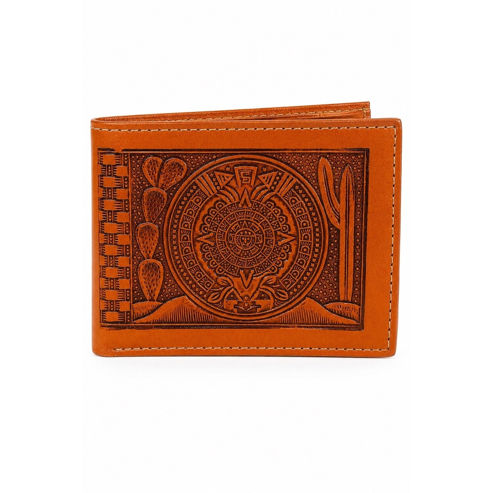 NEW Handcrafted Western Tooled Leather Aztec Calendar Bifold Wallet Southwest